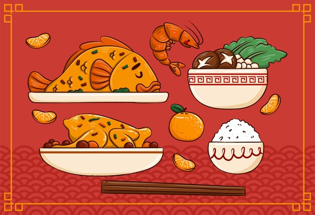 Нарисованный рукой сбор еды обеда воссоединения китайского нового года