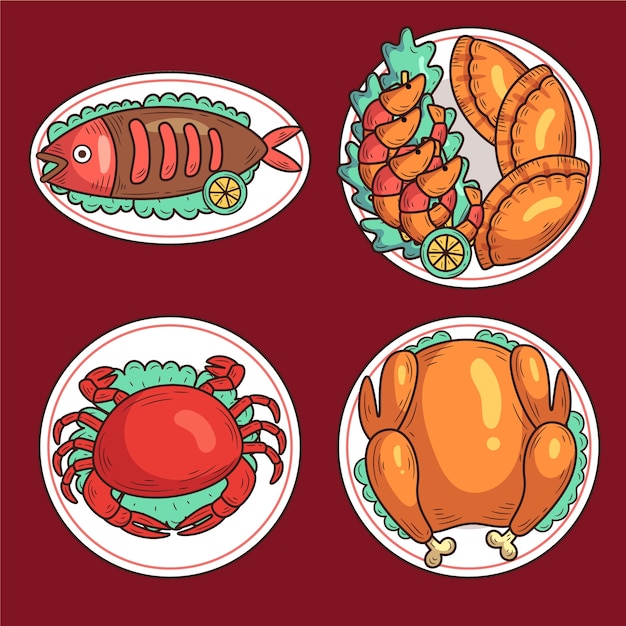 Free vector hand drawn chinese new year reunion dinner food collection