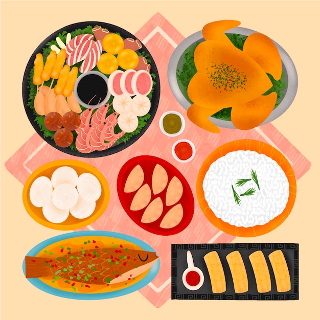Бесплатное векторное изображение Нарисованная рукой коллекция еды ужина воссоединения китайского нового года