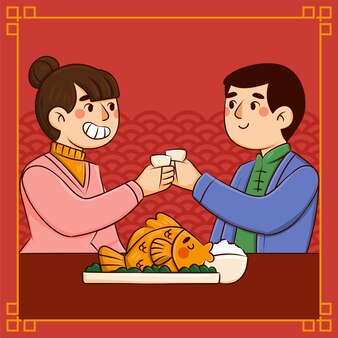 Hand drawn chinese new year reunion dinner illustration