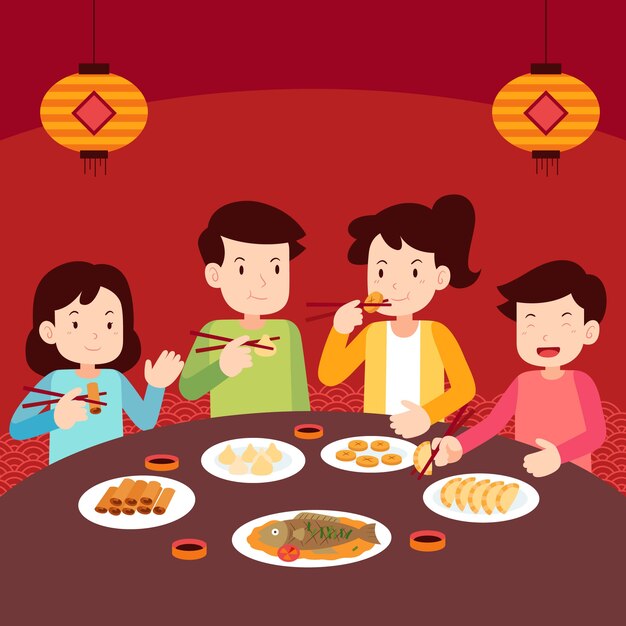 Hand drawn chinese new year reunion dinner illustration