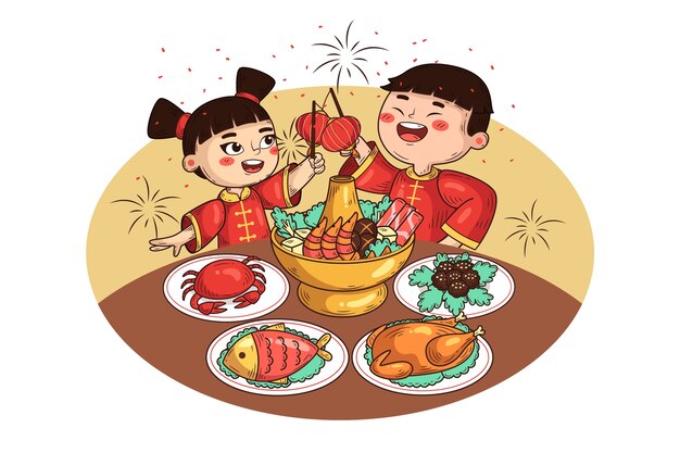 Hand drawn chinese new year reunion dinner illustration