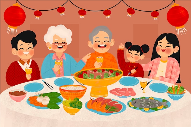 Hand drawn chinese new year reunion dinner illustration