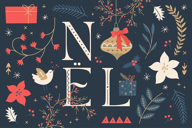 Free vector hand drawn christmas background with florals and ornaments