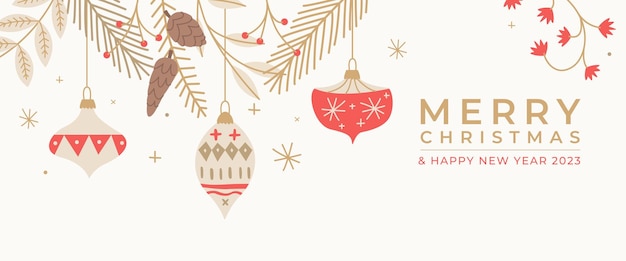 Free vector hand drawn christmas background with florals and ornaments