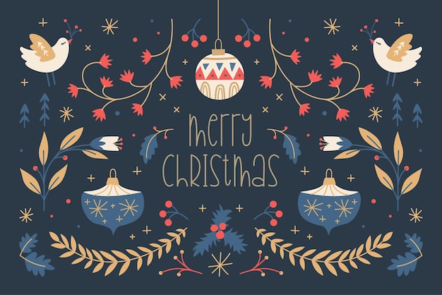 Free vector hand drawn christmas background with florals and ornaments