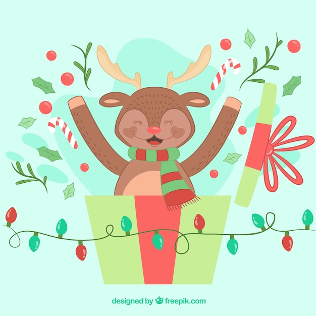 Hand drawn christmas background with a happy reindeer