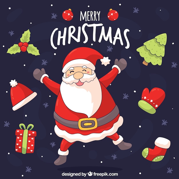 Hand drawn christmas background with happy santa claus