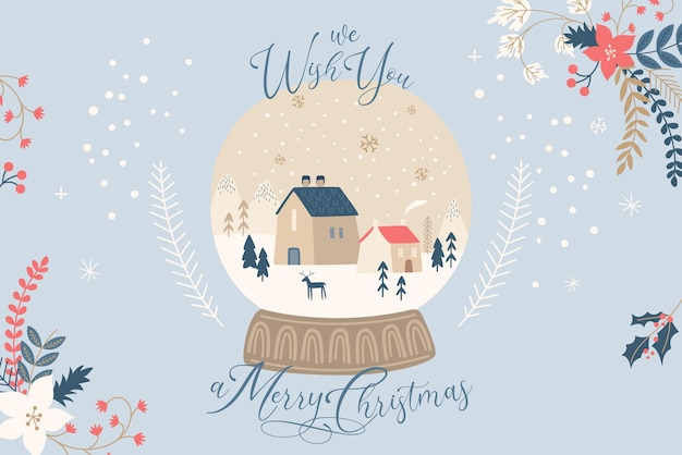 Free vector hand drawn christmas background with snowball and cute village