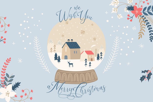 Hand drawn Christmas background with snowball and cute village