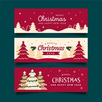 Hand drawn christmas banners with christmas tree and red background