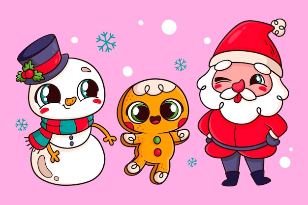 Hand drawn christmas cartoon illustration with santa, gingerbread man and snowman