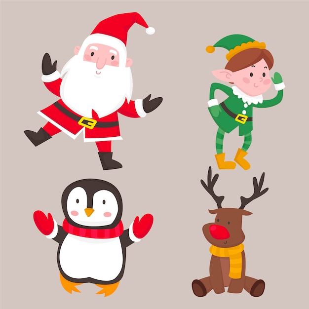 無料ベクター 手描きのクリスマスキャラクターコレクション