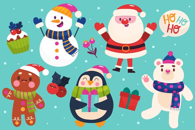 Бесплатное векторное изображение Коллекция рисованной рождественских персонажей