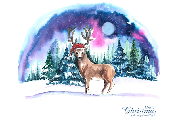 무료 벡터 손으로 그린 크리스마스 사슴 풍경 나무 수채화 배경