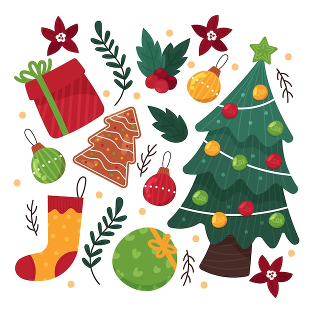 Бесплатное векторное изображение Коллекция рисованной рождественских элементов