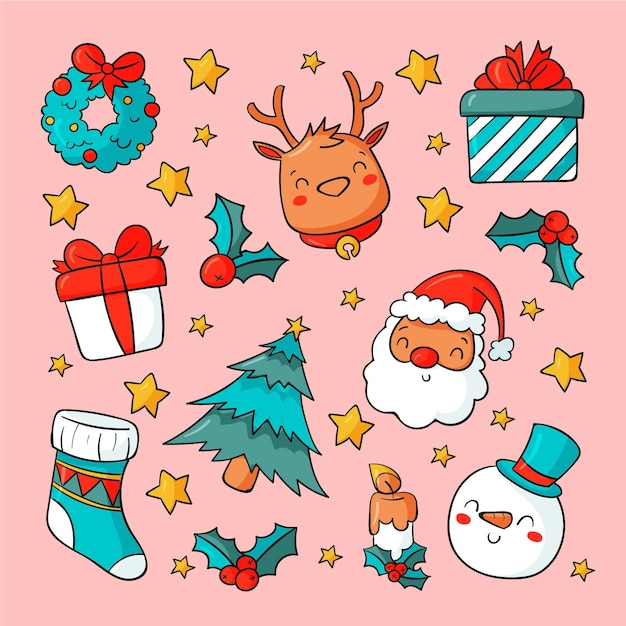 無料ベクター 手描きのクリスマス要素コレクション