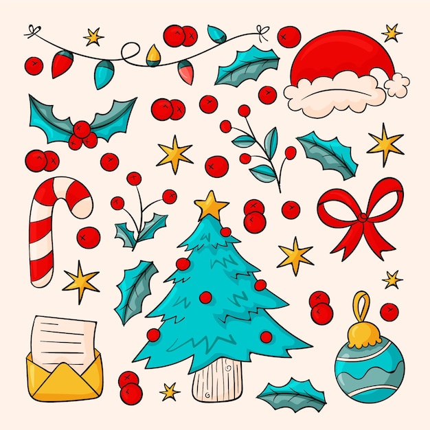 無料ベクター 手描きのクリスマス要素コレクション