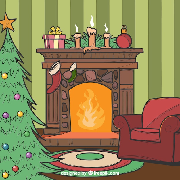 Hand drawn christmas fireplace scene with a christmas tree