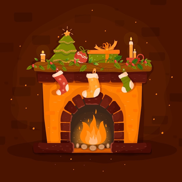 Hand drawn christmas fireplace scene