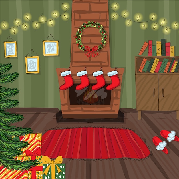 Free vector hand drawn christmas fireplace scene