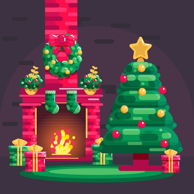 Free vector hand drawn christmas fireplace scene