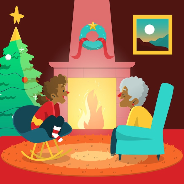 Free vector hand drawn christmas fireplace scene