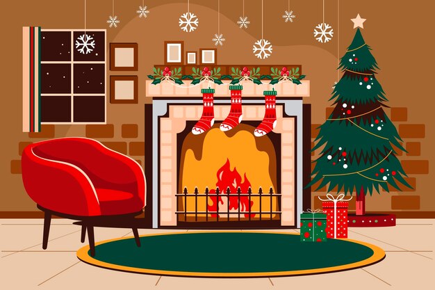 hand drawn christmas fireplace scene