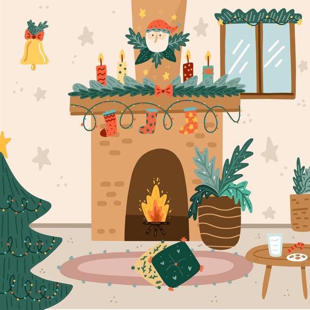 手描きのクリスマスの暖炉のシーン