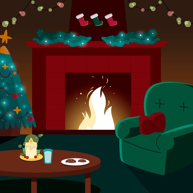 Hand drawn christmas fireplace scene