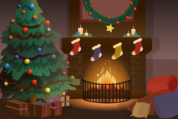 Hand drawn christmas fireplace scene