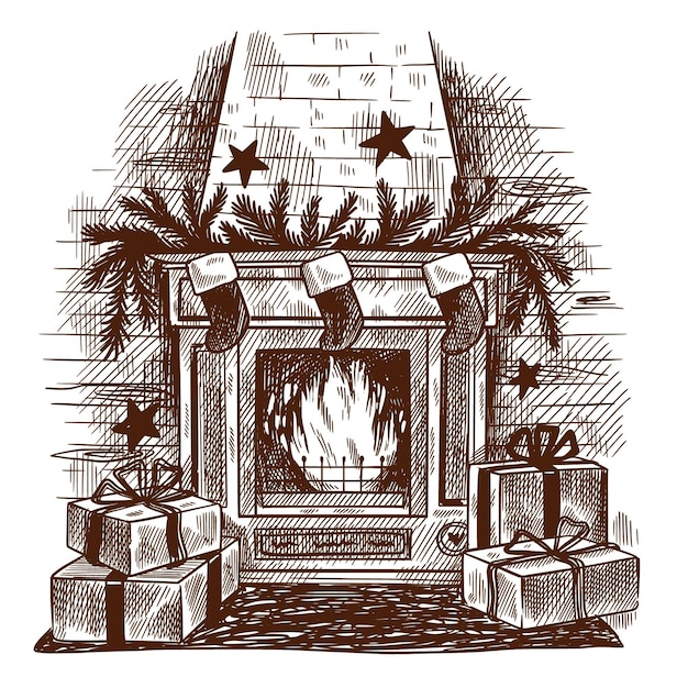 Hand drawn christmas fireplace scene