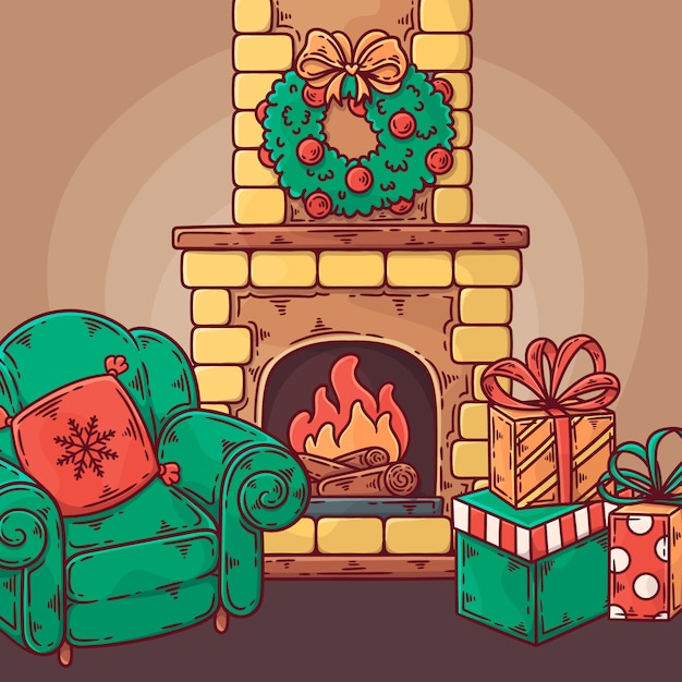 手描きのクリスマスの暖炉のシーン