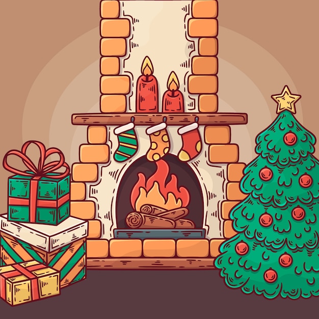 Hand drawn christmas fireplace scene