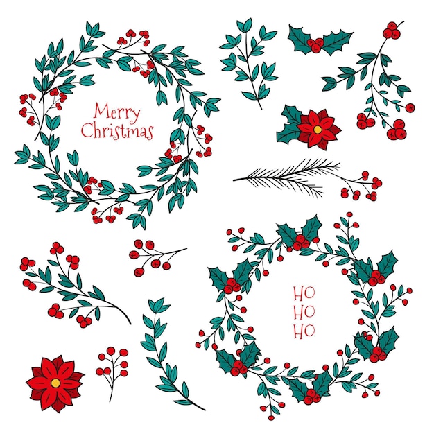 Бесплатное векторное изображение Коллекция рисованной рождественских цветов и венков
