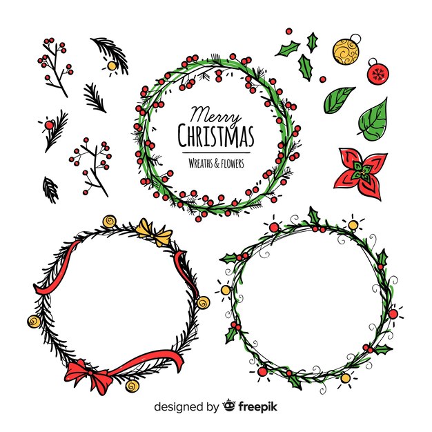 Hand drawn christmas flower and wreath collection