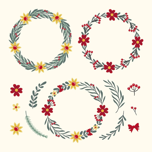 Бесплатное векторное изображение Коллекция рисованной рождественских цветов и венков
