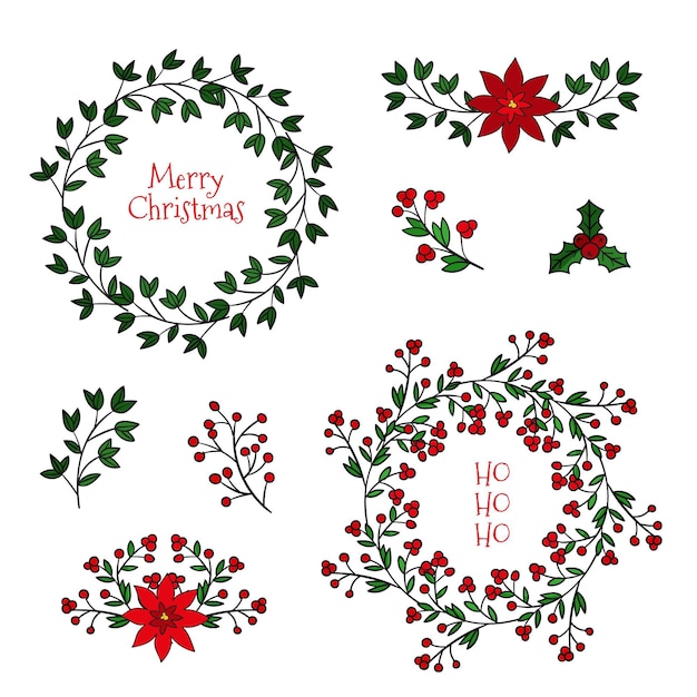 Free vector hand drawn christmas flower and wreath collection