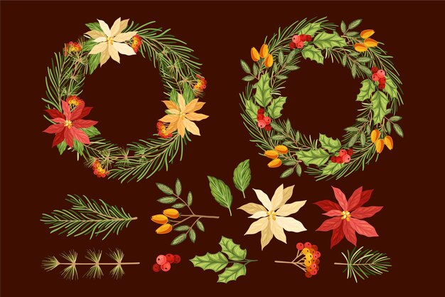 Hand drawn christmas flower and wreath collection