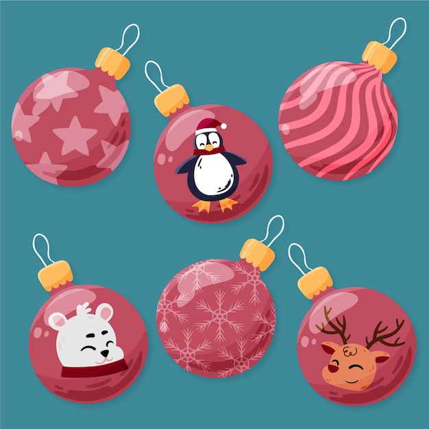 Бесплатное векторное изображение Ручной обращается рождественские шары с животными