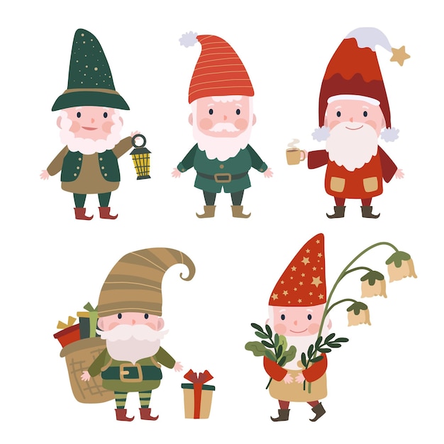 Бесплатное векторное изображение Коллекция рисованной рождественских гномов