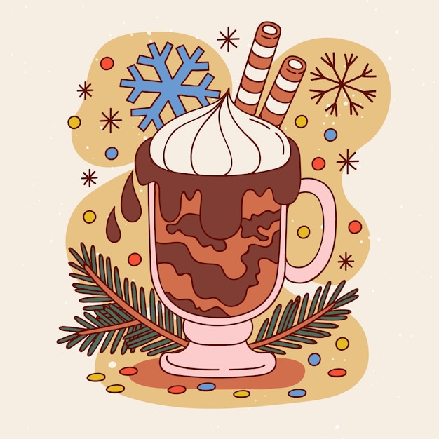 Vettore gratuito illustrazione di cioccolata calda di natale disegnata a mano