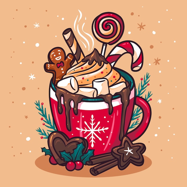 Бесплатное векторное изображение Нарисованная рукой иллюстрация горячего шоколада рождества