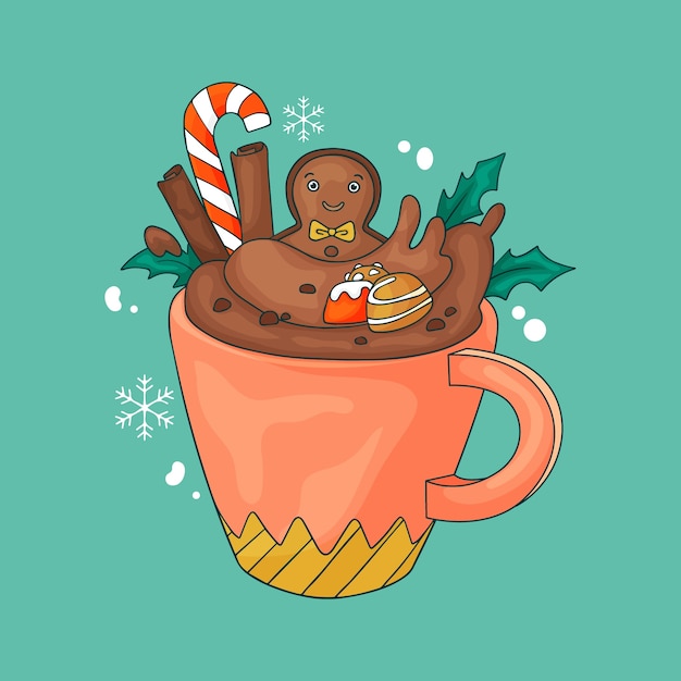 Vettore gratuito illustrazione di cioccolata calda di natale disegnata a mano