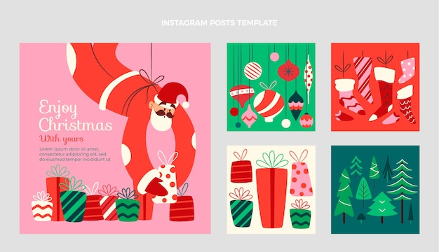 Vettore gratuito collezione di post di instagram natalizi disegnati a mano