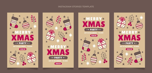 無料ベクター 手描きのクリスマスinstagramストーリーコレクション