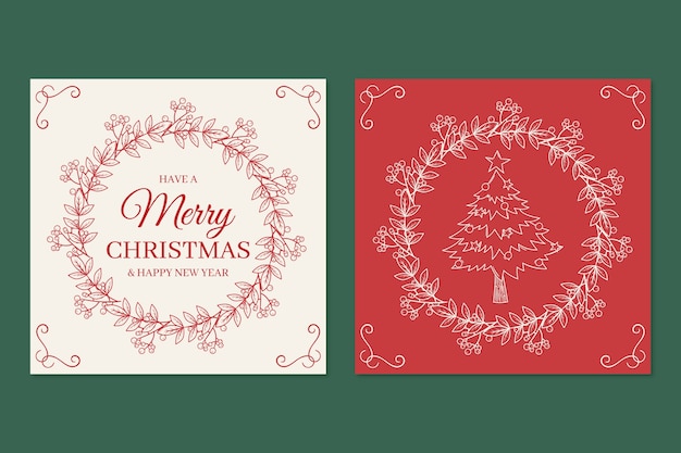 Hand drawn christmas line art cards set