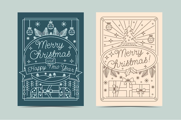 Hand drawn christmas line art cards set