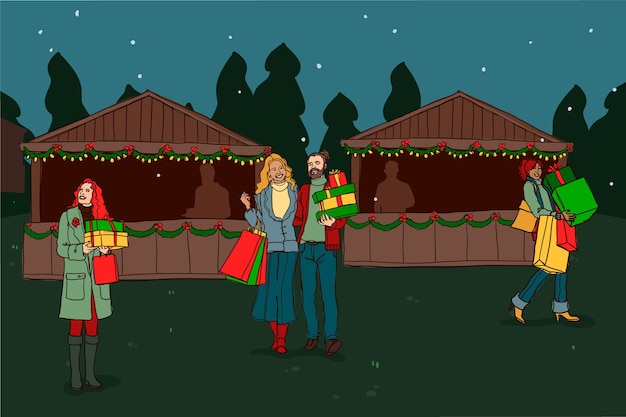 Free vector hand drawn christmas market illustration