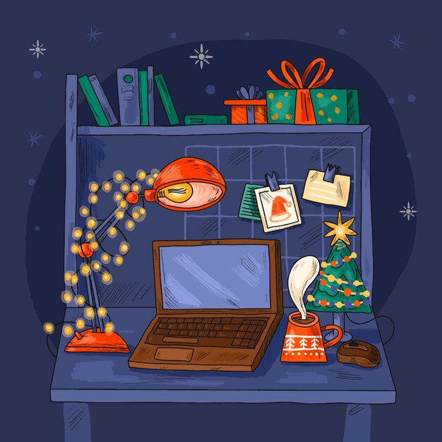 Hand drawn christmas office illustration